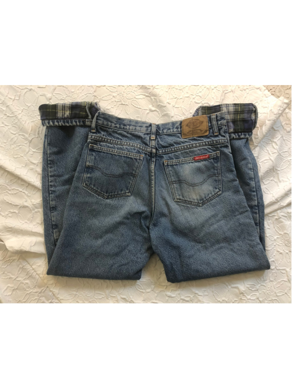 Women's/ men’s Dickies Blue Straight Leg Jeans with Plaid Cuff